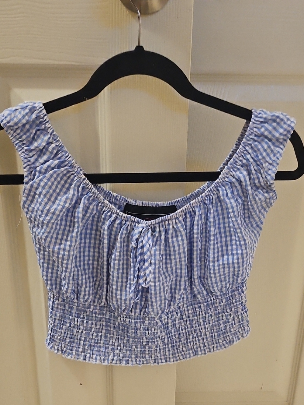 Blue Gingham Smocked Crop Top - Women